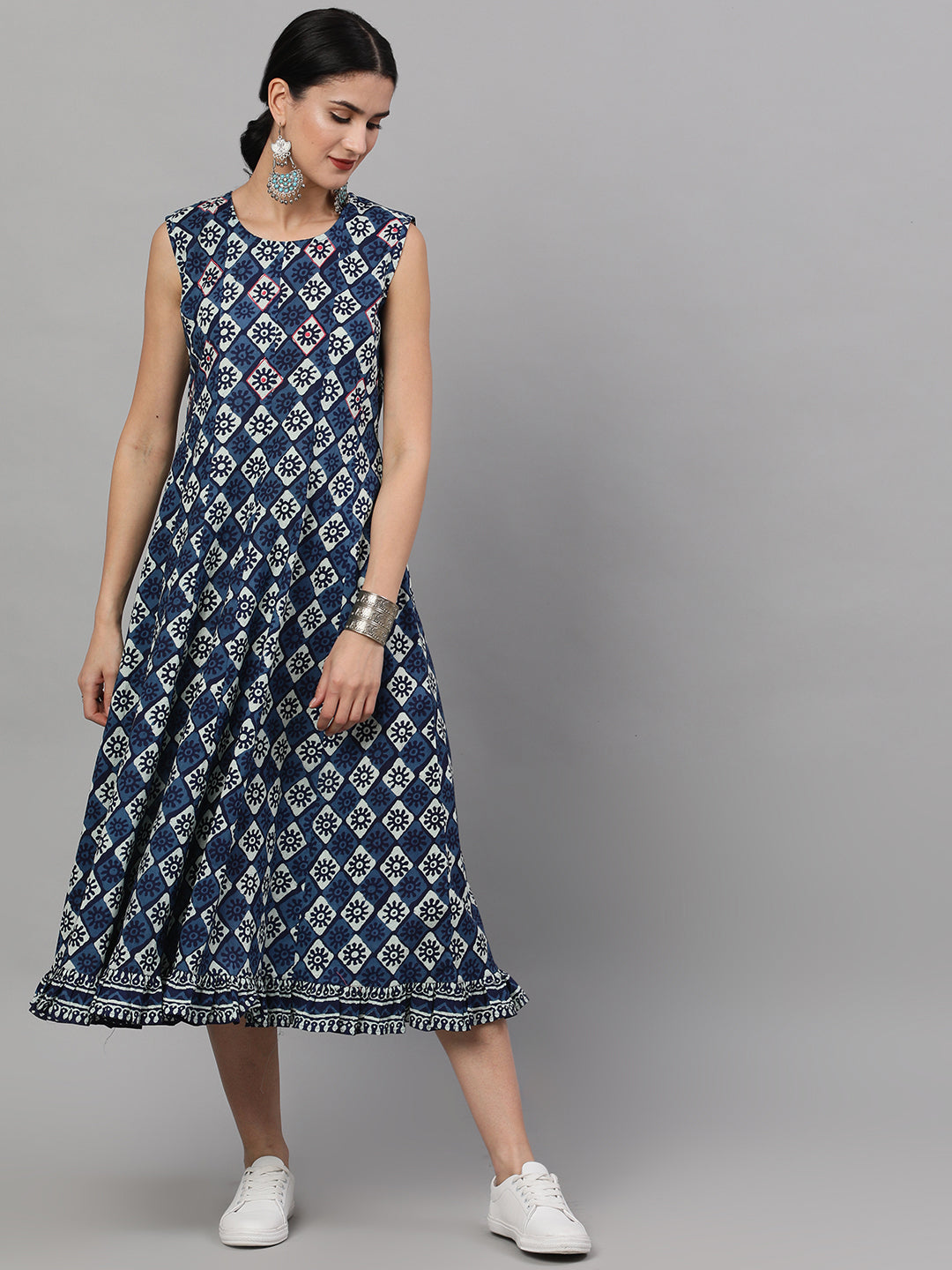 Women's Indigo Printed Midi Dress