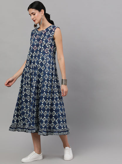 Women's Indigo Printed Midi Dress