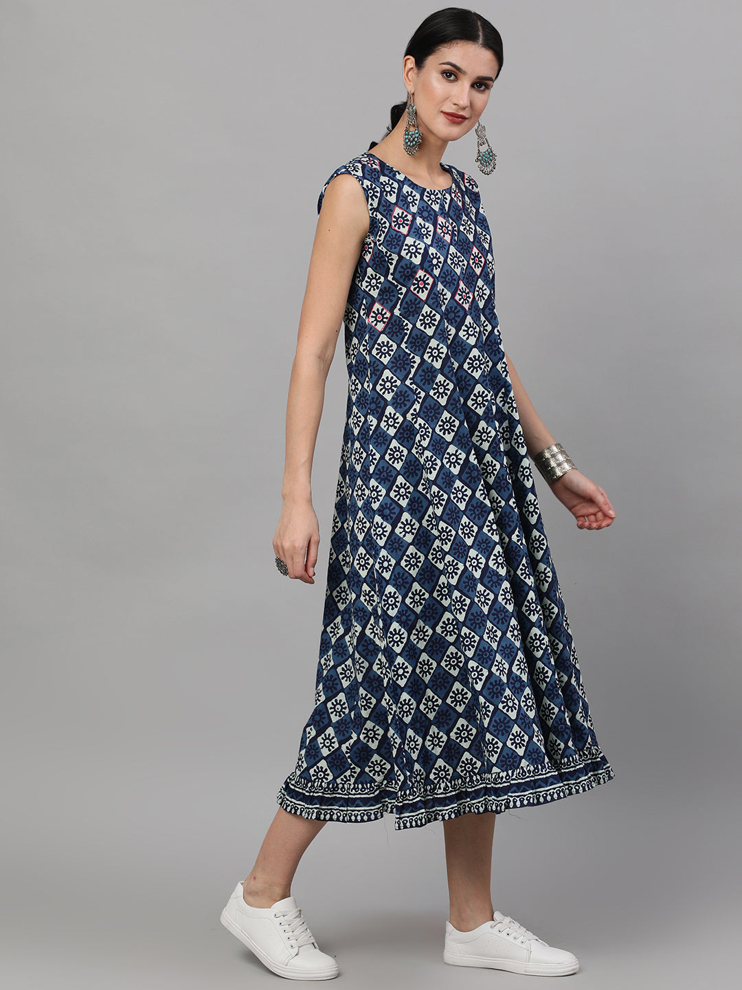 Women's Indigo Printed Midi Dress
