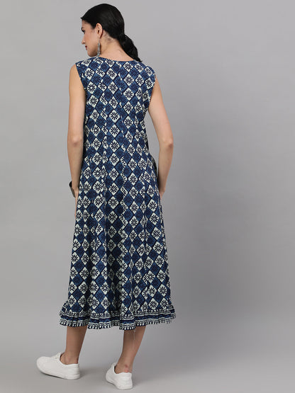 Women's Indigo Printed Midi Dress