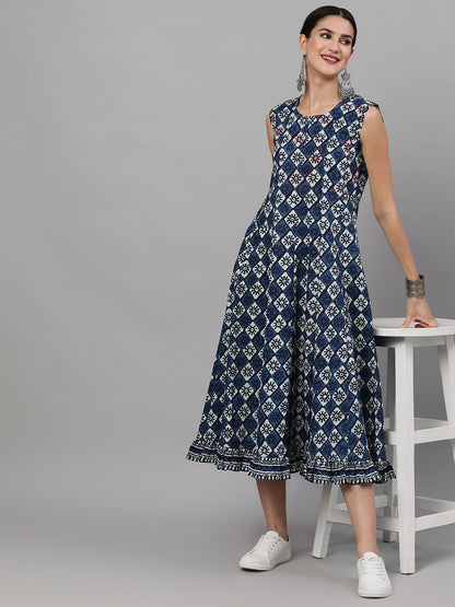 Women's Indigo Printed Midi Dress