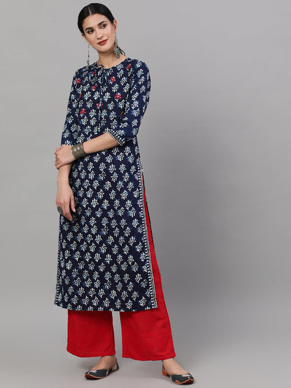 Women's Indigo Printed Kurta With Embroidered Details