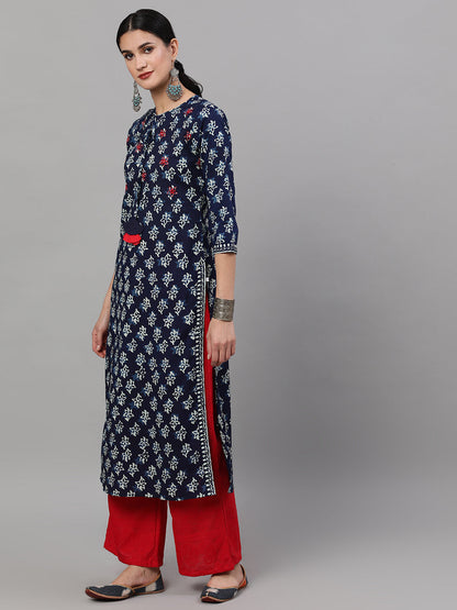 Women's Indigo Printed Kurta With Embroidered Details