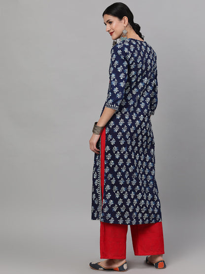 Women's Indigo Printed Kurta With Embroidered Details