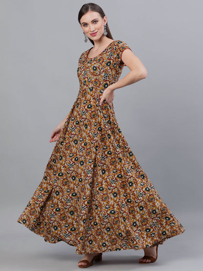 Women's Mustard Floral Print Flared Maxi Dress