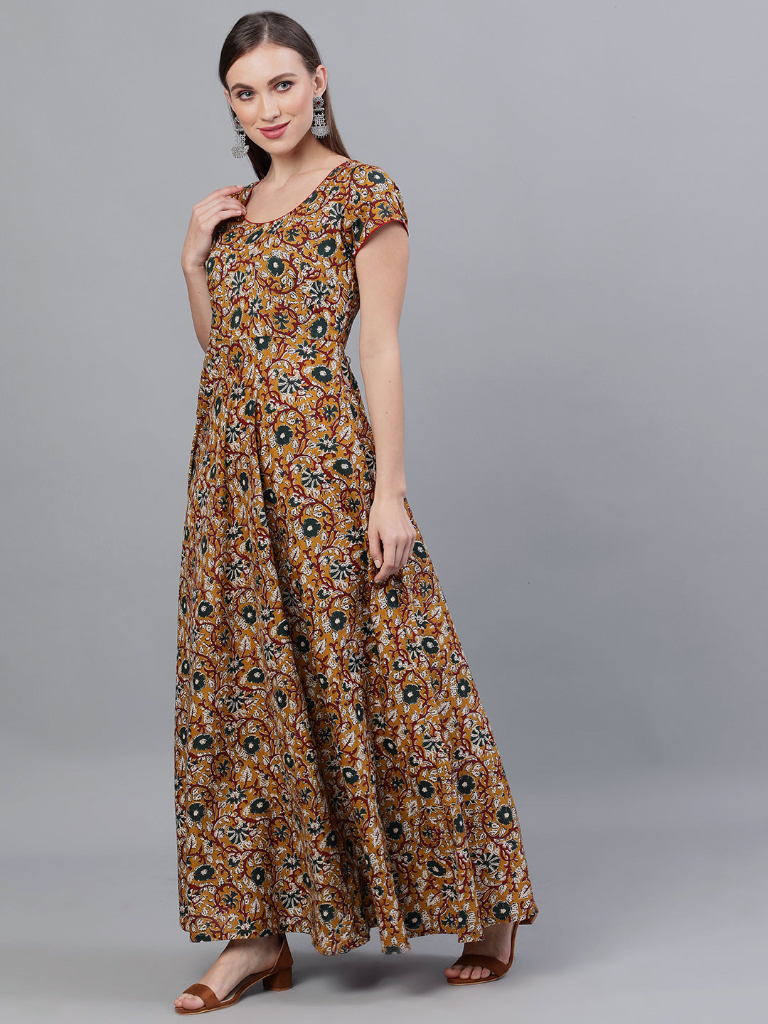 Women's Mustard Floral Print Flared Maxi Dress