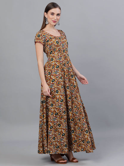 Women's Mustard Floral Print Flared Maxi Dress
