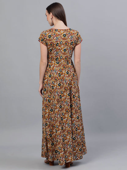 Women's Mustard Floral Print Flared Maxi Dress