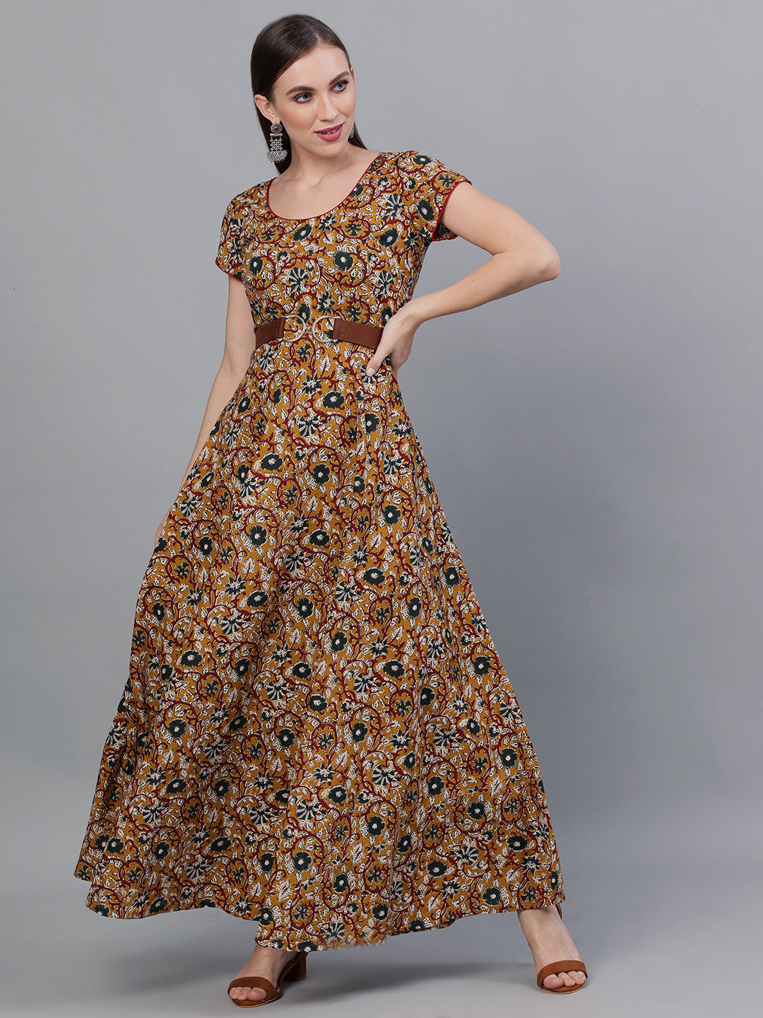 Women's Mustard Floral Print Flared Maxi Dress