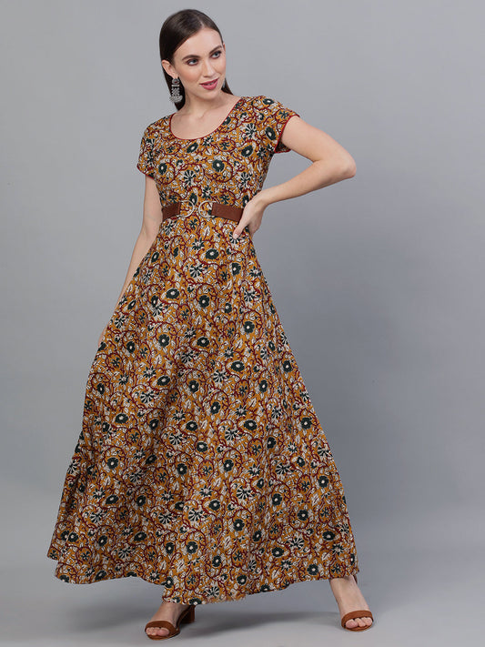 Women's Mustard Floral Print Flared Maxi Dress