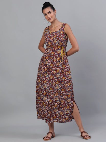 Women's Maroon Floral Print High Slit Maxi Dress