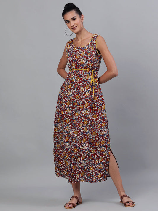 Women's Maroon Floral Print High Slit Maxi Dress