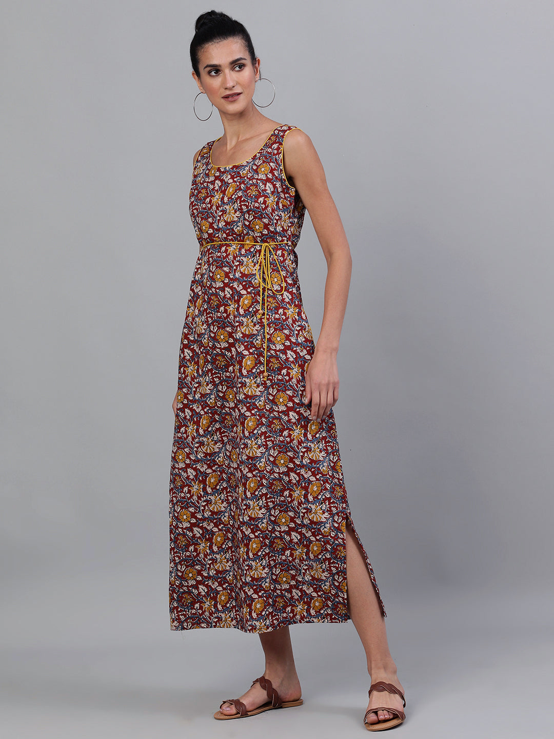 Women's Maroon Floral Print High Slit Maxi Dress