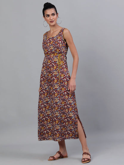 Women's Maroon Floral Print High Slit Maxi Dress