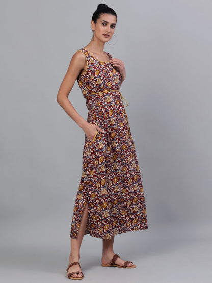 Women's Maroon Floral Print High Slit Maxi Dress