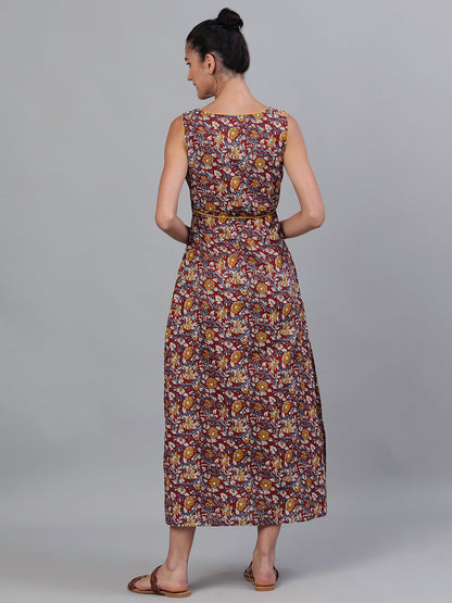 Women's Maroon Floral Print High Slit Maxi Dress
