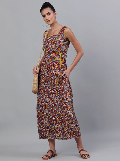 Women's Maroon Floral Print High Slit Maxi Dress
