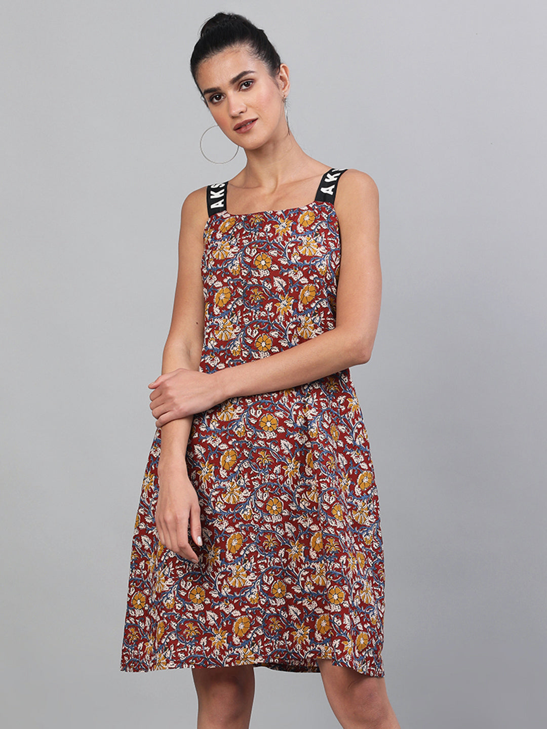 Women's Maroon Floral Print A-Line Dress