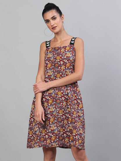 Women's Maroon Floral Print A-Line Dress