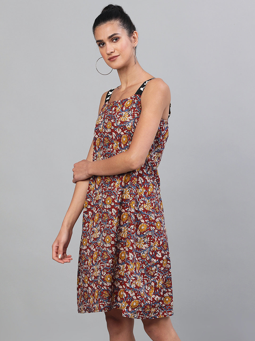 Women's Maroon Floral Print A-Line Dress