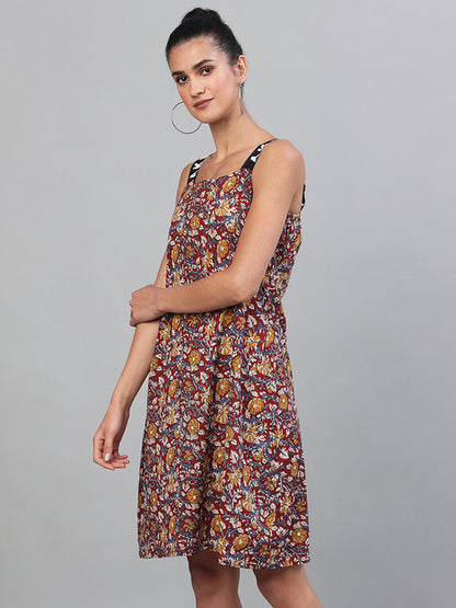 Women's Maroon Floral Print A-Line Dress