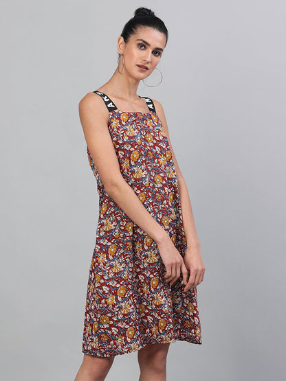 Women's Maroon Floral Print A-Line Dress