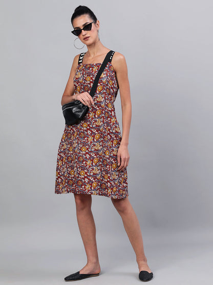 Women's Maroon Floral Print A-Line Dress
