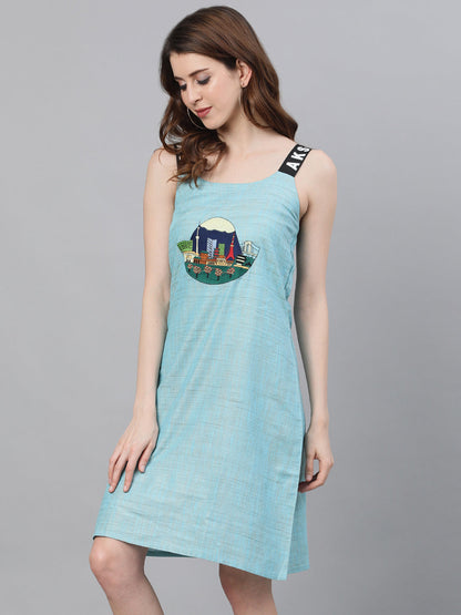 Women's Blue Textured Sleeveless Sheath Dress With Embroidery