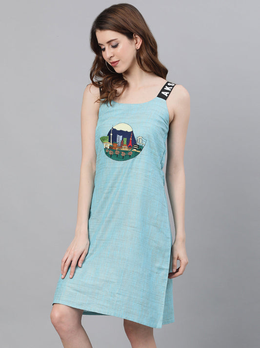 Women's Blue Textured Sleeveless Sheath Dress With Embroidery