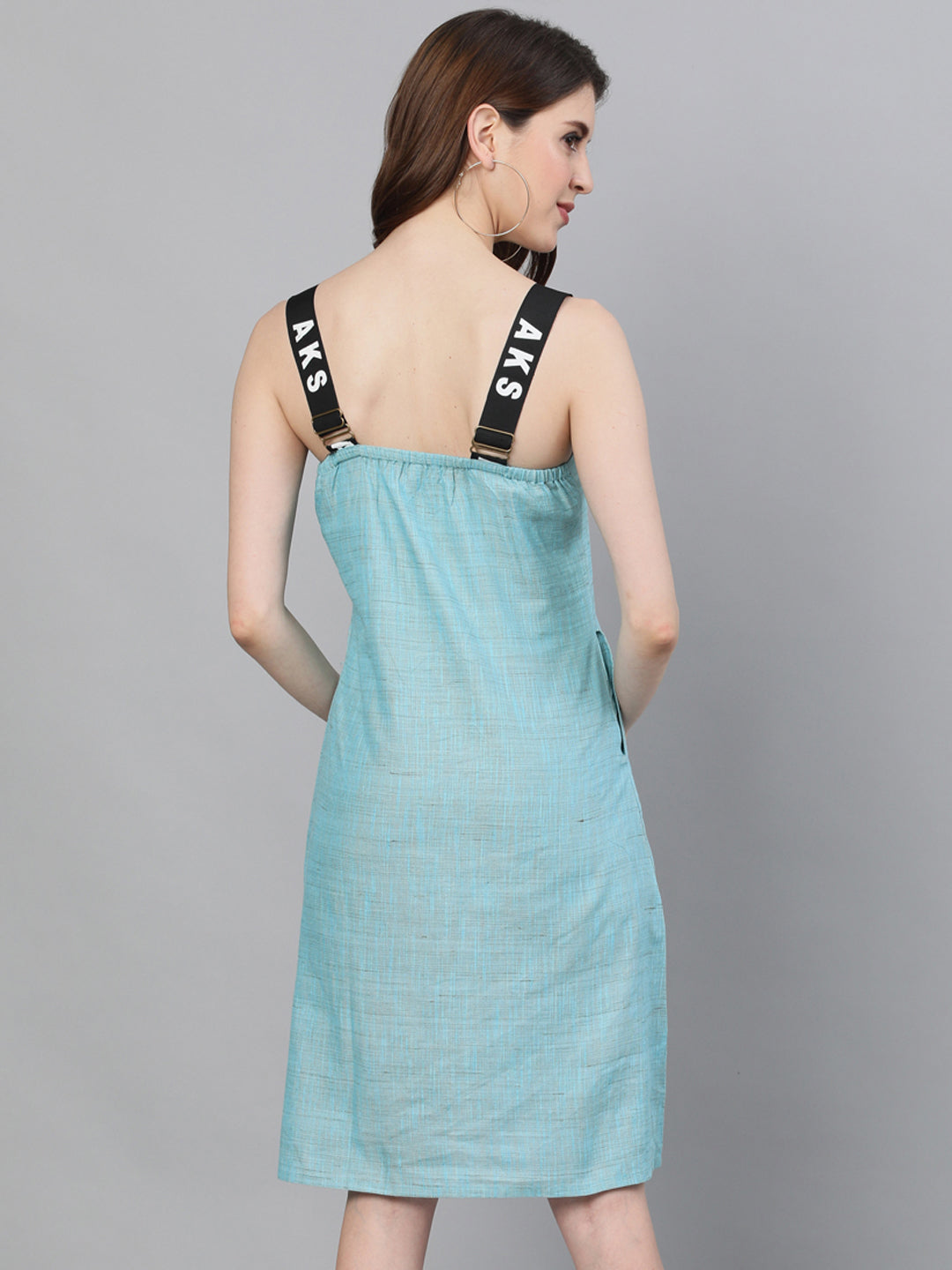 Women's Blue Textured Sleeveless Sheath Dress With Embroidery
