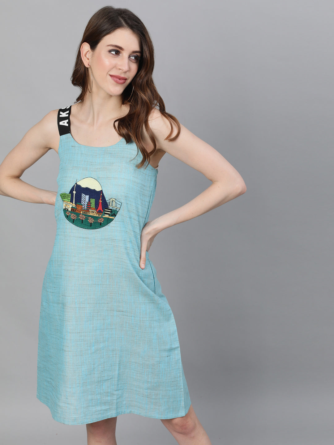 Women's Blue Textured Sleeveless Sheath Dress With Embroidery