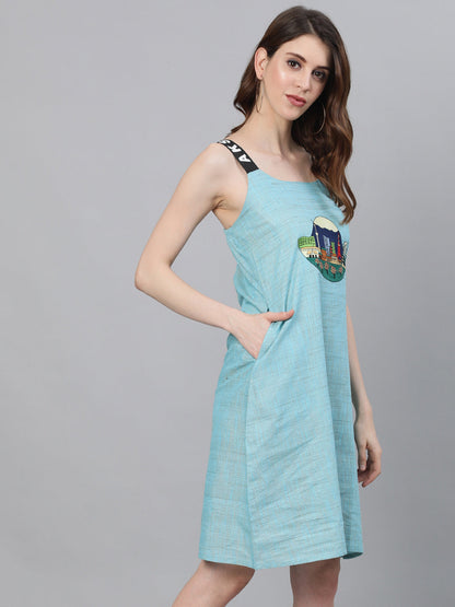 Women's Blue Textured Sleeveless Sheath Dress With Embroidery