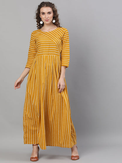 Women's Mustard Striped Box Pleated Maxi Dress