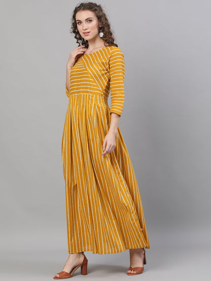 Women's Mustard Striped Box Pleated Maxi Dress