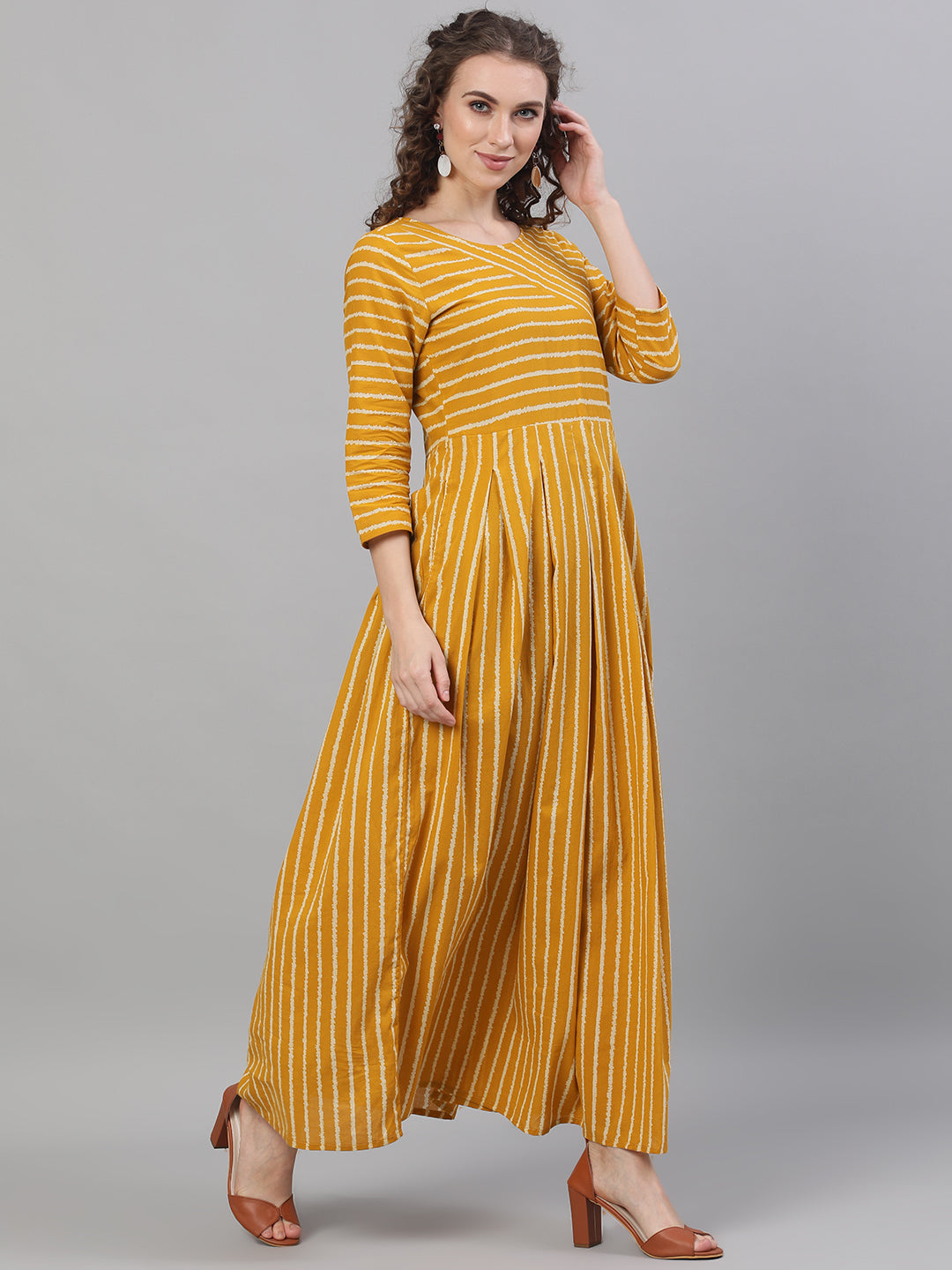Women's Mustard Striped Box Pleated Maxi Dress