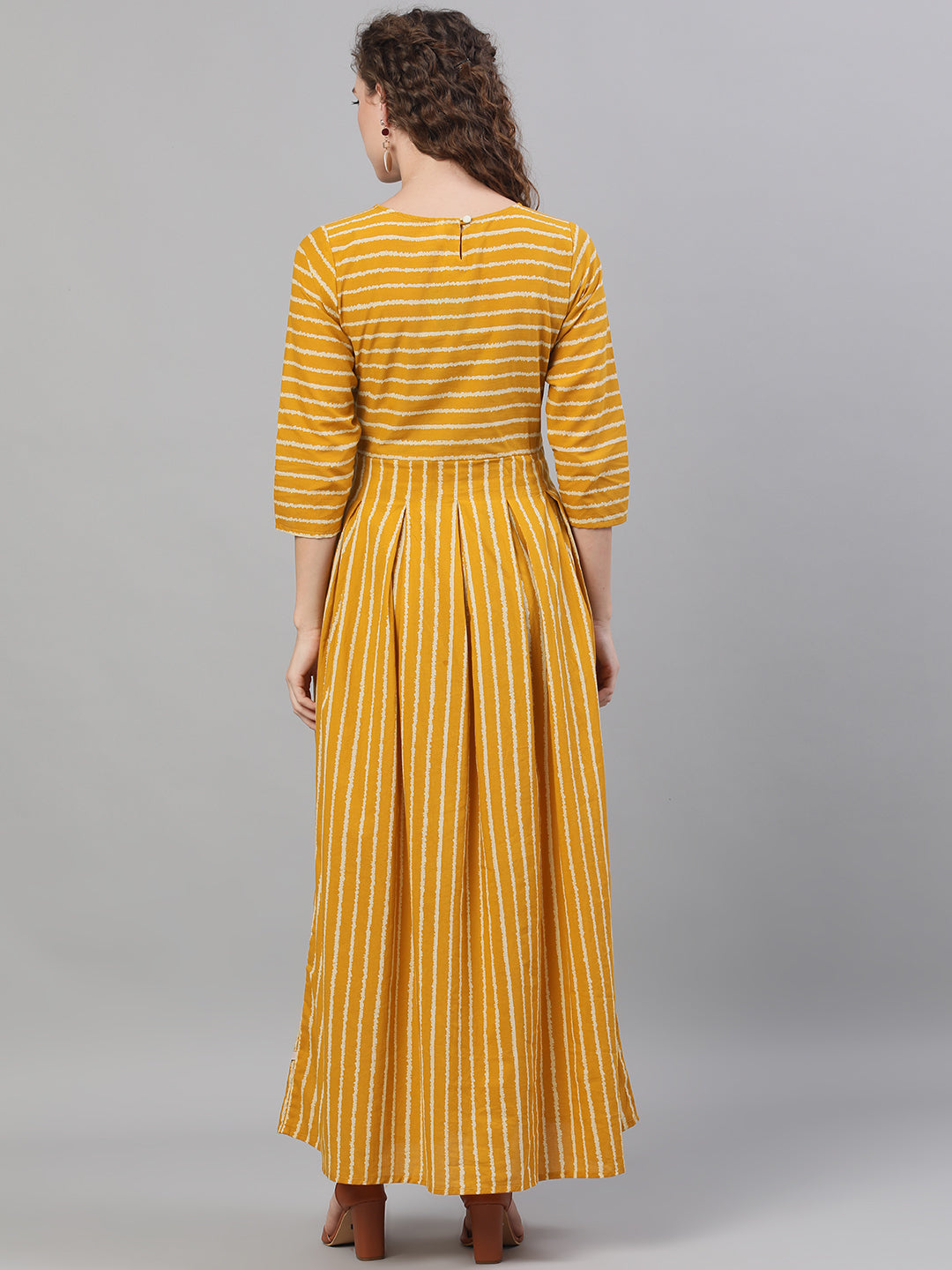 Women's Mustard Striped Box Pleated Maxi Dress
