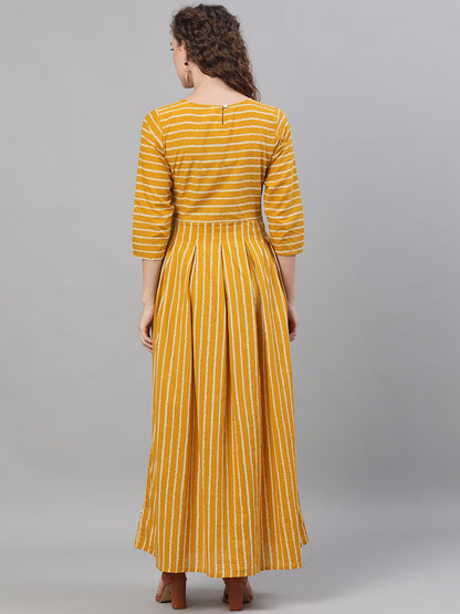 Women's Mustard Striped Box Pleated Maxi Dress