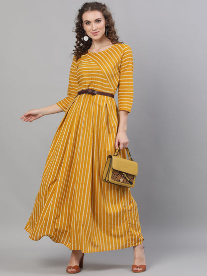 Women's Mustard Striped Box Pleated Maxi Dress