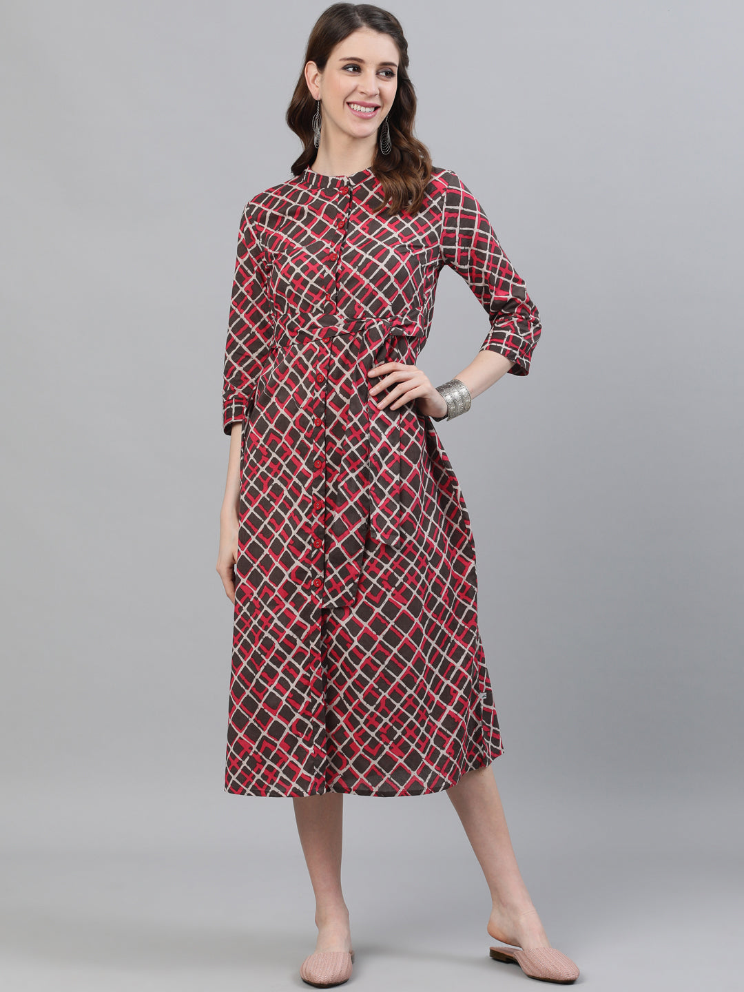 Women's Brown Printed Button Down Midi Dress