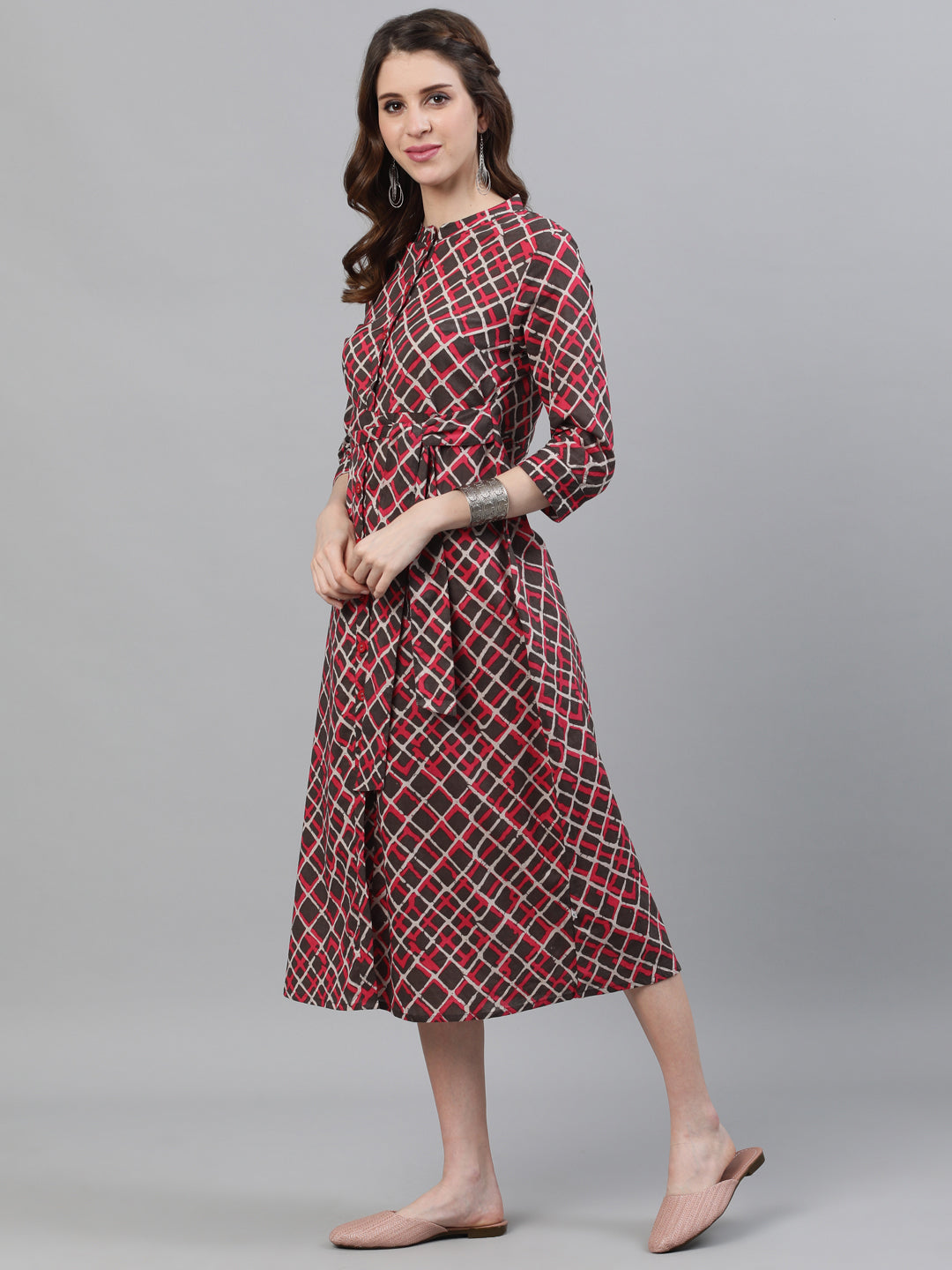 Women's Brown Printed Button Down Midi Dress
