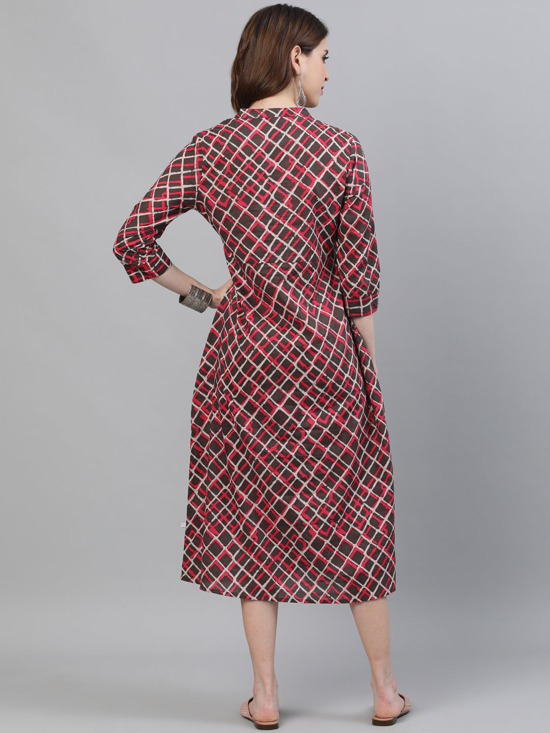 Women's Brown Printed Button Down Midi Dress
