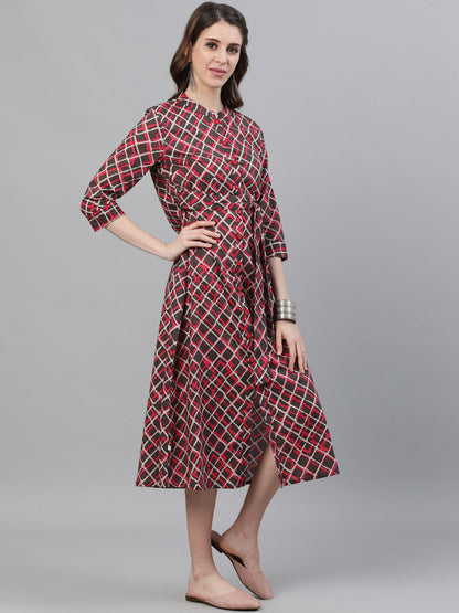 Women's Brown Printed Button Down Midi Dress