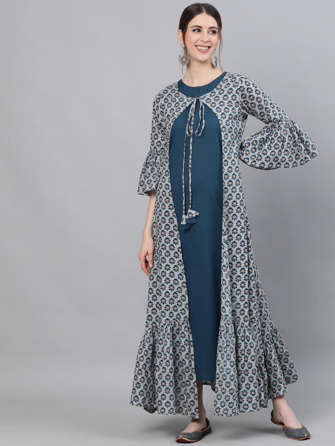Women's Blue Printed Double Layered Maxi Dress