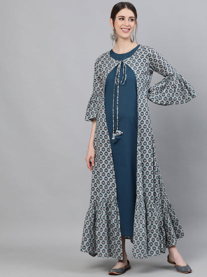 Women's Blue Printed Double Layered Maxi Dress