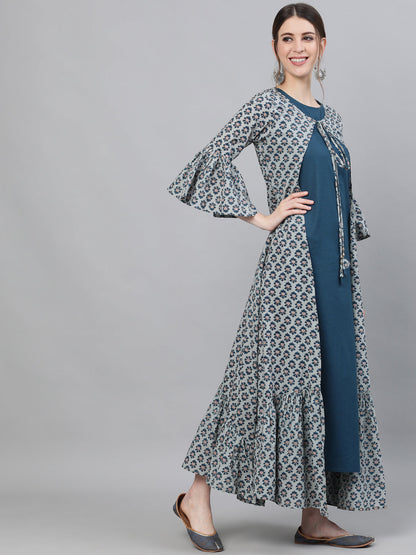 Women's Blue Printed Double Layered Maxi Dress