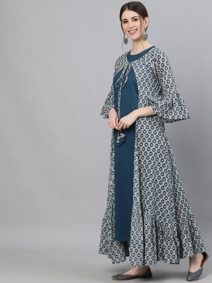 Women's Blue Printed Double Layered Maxi Dress