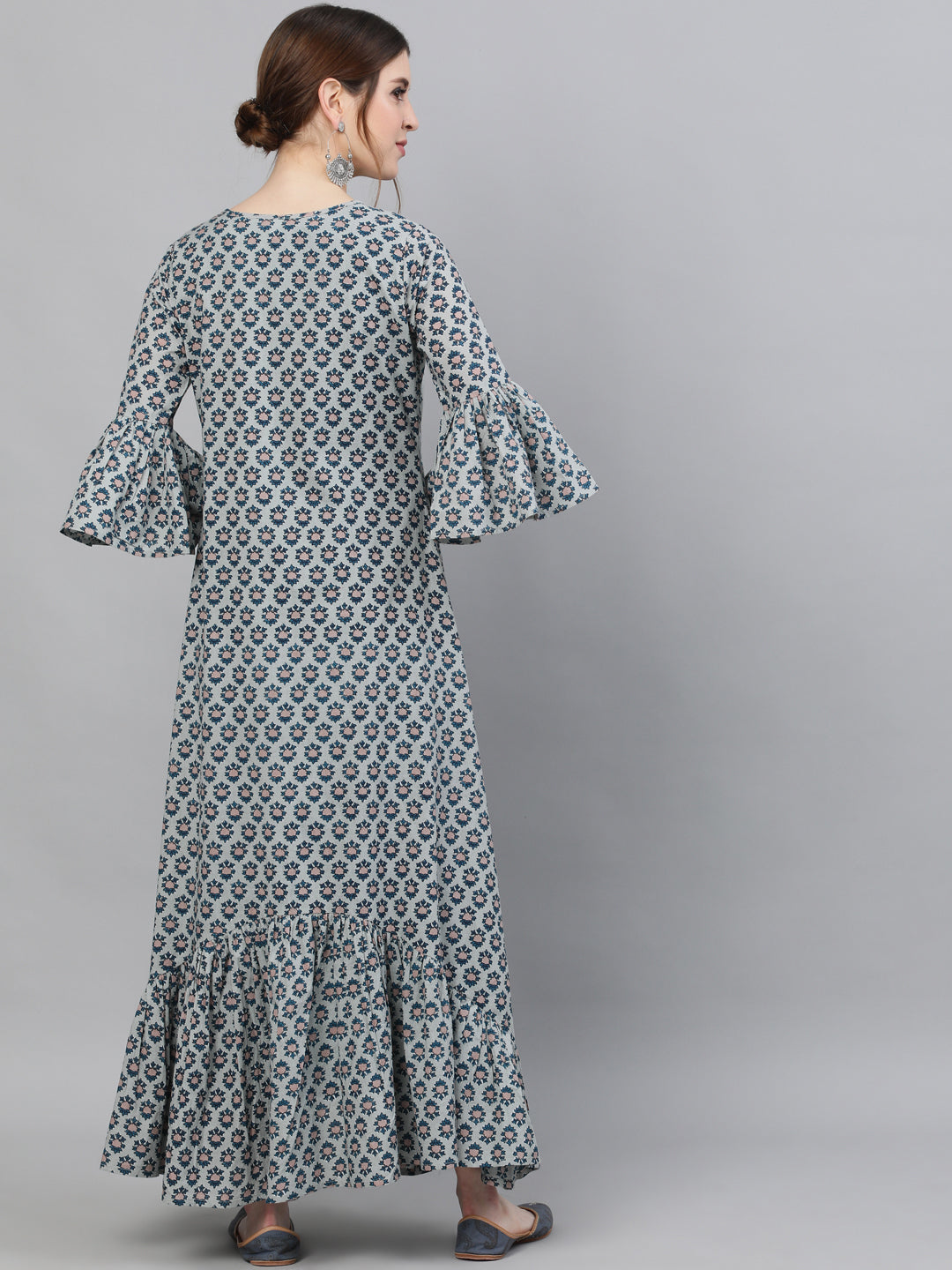 Women's Blue Printed Double Layered Maxi Dress