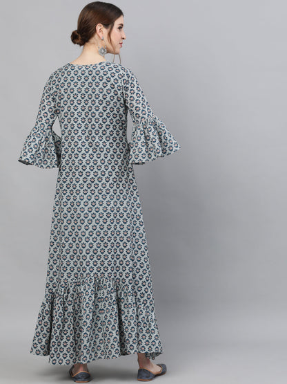 Women's Blue Printed Double Layered Maxi Dress