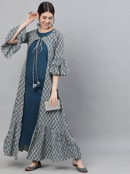 Women's Blue Printed Double Layered Maxi Dress