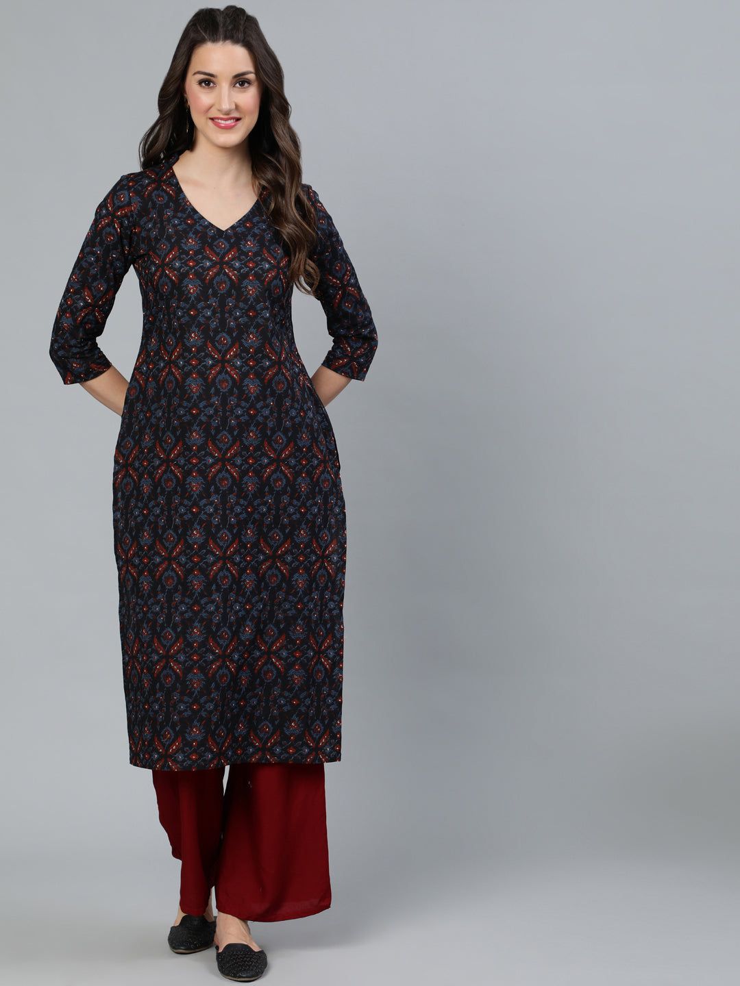 Women's Navy Blue Printed Straight Kurta
